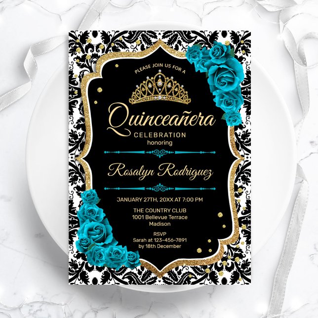 Convite Teal Dourada Black Damask Elegante Quinceanera (Criador carregado)