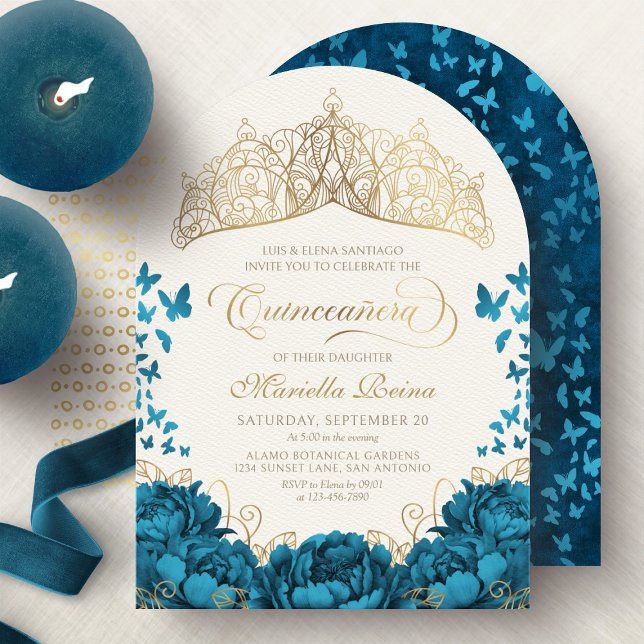 Convite Teal Dourada Coroa Floral Quinceanera (Criador carregado)