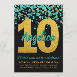 Convite Teal Dourada Glitter Confetti Black 10º Aniversári