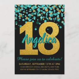 Convite Teal Dourada Glitter Confetti Black 18º Aniversári