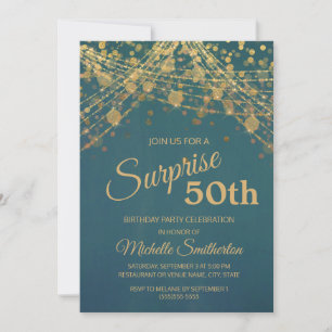 Convite Teal Dourada Glitter String Luzes 50º Aniversári