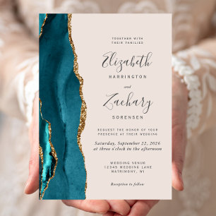 Convite Teal Dourado Agate Beige Wedding
