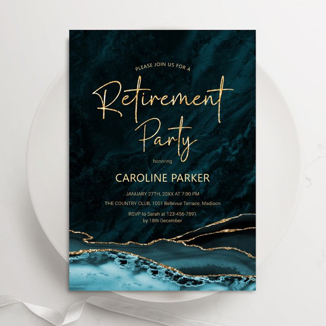 Convite Teal Dourado Agate Retirement Party (Criador carregado)