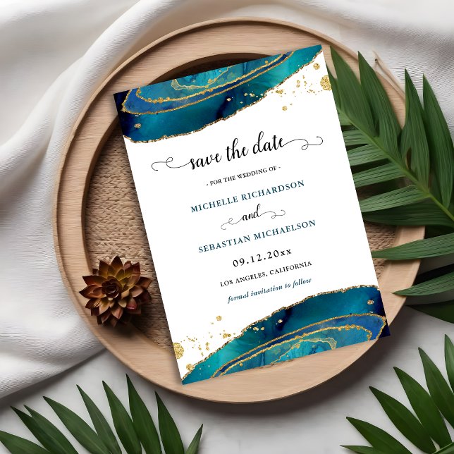 Convite Teal Dourado Agate Salvar A Data (Teal Gold Agate Save The Date Invitation)