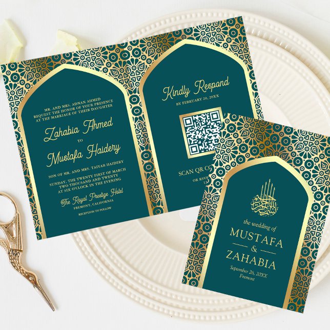 Convite Teal Dourado Arco Persa Código QR Casamento Muçulm (Criador carregado)