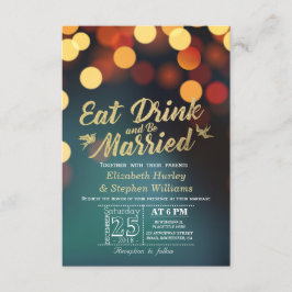 Convite Teal Dourado Bokeh Light EAT Drink Casem-Se