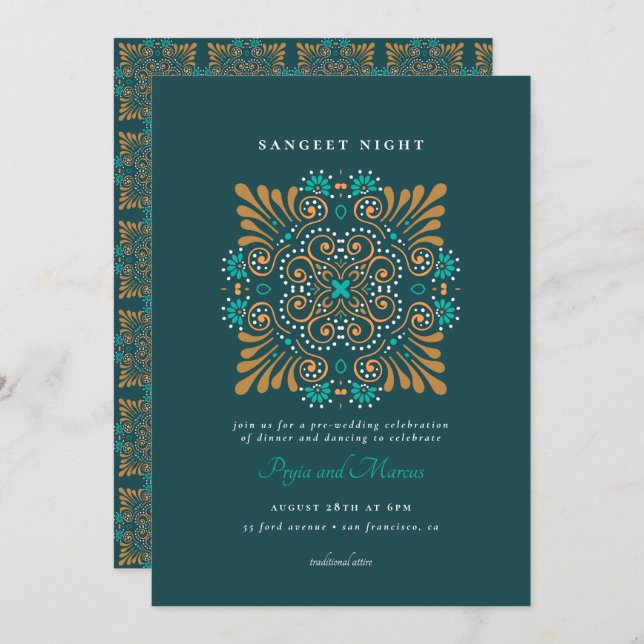 Convite Teal Dourado Branco Mandala Mehndi Sangeet (Frente/Verso)