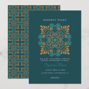 Convite Teal Dourado Branco Mandala Mehndi Sangeet