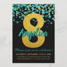 Convite Teal Dourado Brilhante Negro Confetti 8º Aniversár