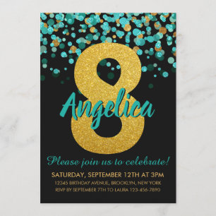 Convite Teal Dourado Brilhante Negro Confetti 8º Aniversár