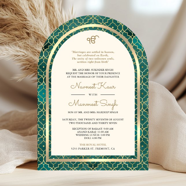 Convite Teal Dourado Código QR Marroquino Arco de Casament (Criador carregado)