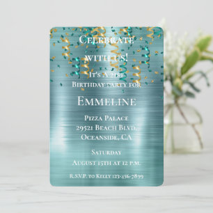 Convite Teal Dourado Confetti Birthday