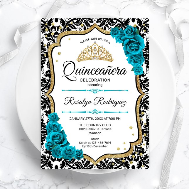 Convite Teal Dourado Elegante Damask Quinceanera (Criador carregado)