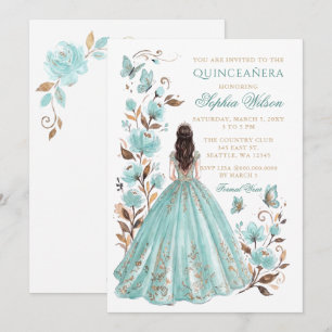 Convite Teal Dourado Floral Princesa Borboleta Quinceañera