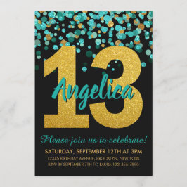 Convite Teal Dourado Glitter Confetti Black 13 - Aniversár