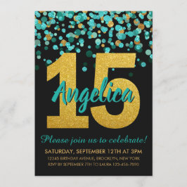 Convite Teal Dourado Glitter Confetti Quinceañera 15 Anive