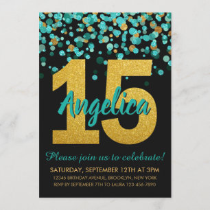 Convite Teal Dourado Glitter Confetti Quinceañera 15 Anive