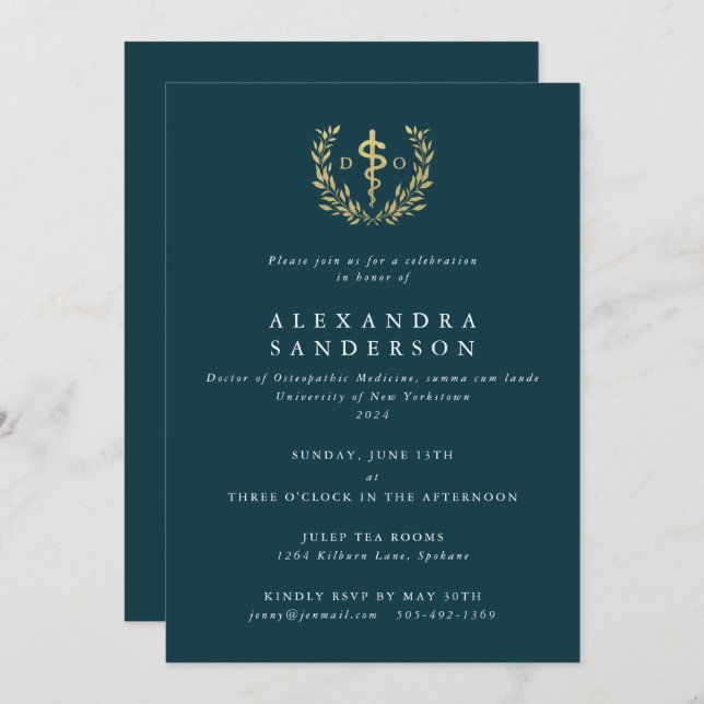 Convite Teal/Dourado Médico de Formando Osteopático (Frente/Verso)