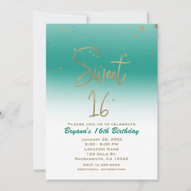 Convite Teal & Dourado Modern Glam SWEET 16 Festa de anive (Frente)