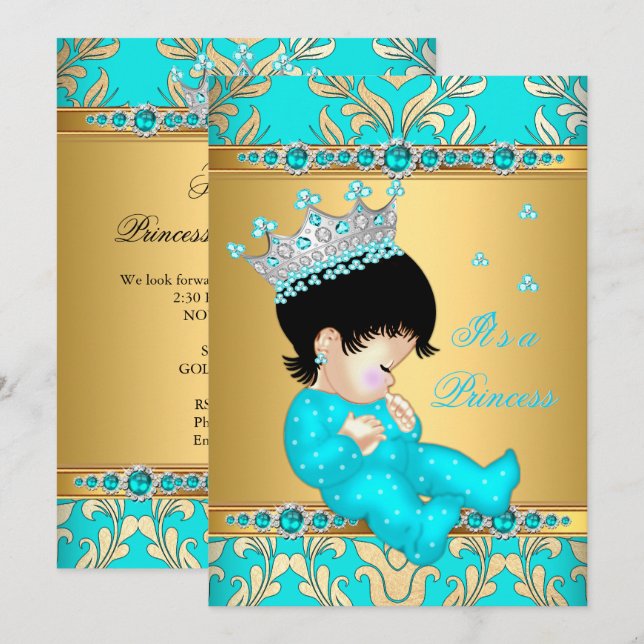 Convite Teal Dourado Pearl Princess Chá de fraldas Brunett (Frente/Verso)
