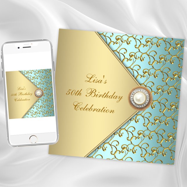 Convite Teal Dourado Pearl Womans 50ª Festa de aniversário (Teal gold jewel any occasion invitation. Instant download and printed invitations available.)