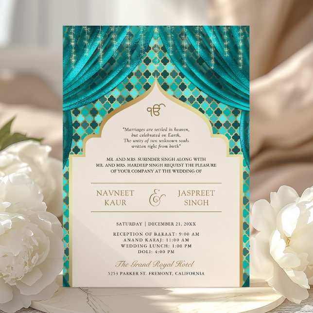 Convite Teal Dourado Quatrefoil Código QR Casamento Sikh (Criador carregado)