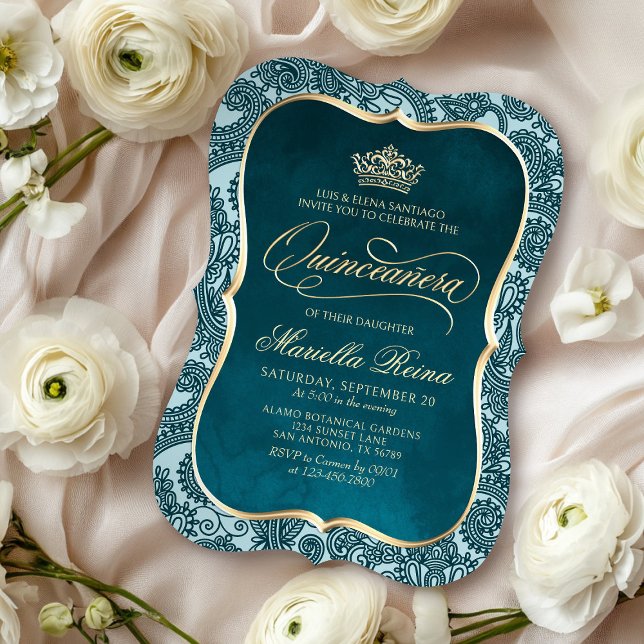 Convite Teal Dourado Quinceañera (Criador carregado)