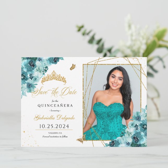 Convite Teal & Dourado Quinceañera Salve A Foto Da Data (Em pé/Frente)