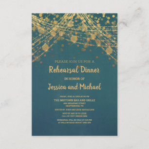 Convite Teal Dourado String Lights Bokesal