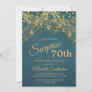 Convite Teal Dourado String Lights Surpresa 70 Aniversári