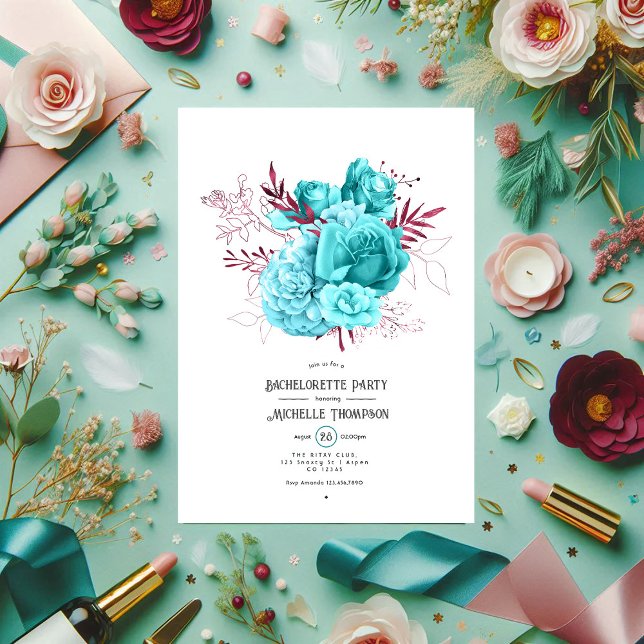 Convite Teal e Burgundy Festa de solteira Floral (Teal and Burgundy Floral Bachelorette Party Invitation)