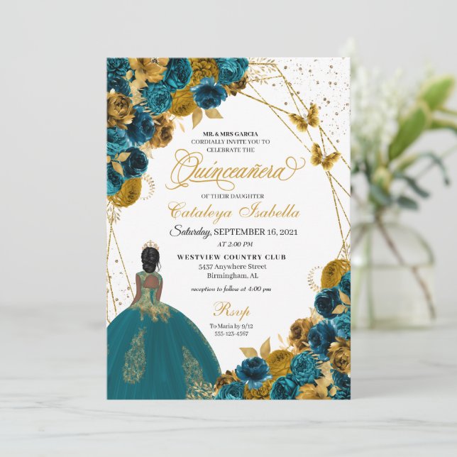 Convite Teal e Dourada Borboleta Princesa Quinceanera (Em pé/Frente)