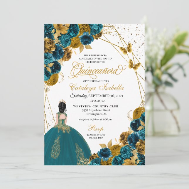 Convite Teal e Dourada Borboleta Princesa Quinceanera (Em pé/Frente)