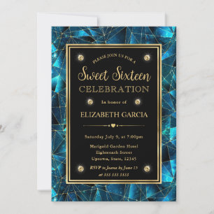 Convite Teal e Dourada Midnight Crystal Galaxy Sweet 16