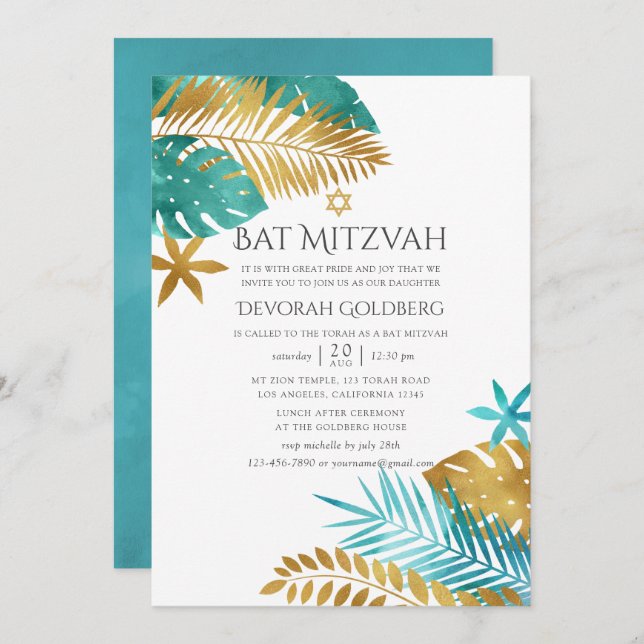 Convite Teal e Dourada praia tropical Bat Mitzvah (Frente/Verso)
