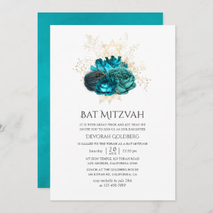 Convite Teal e Dourado Bat Mitzvah