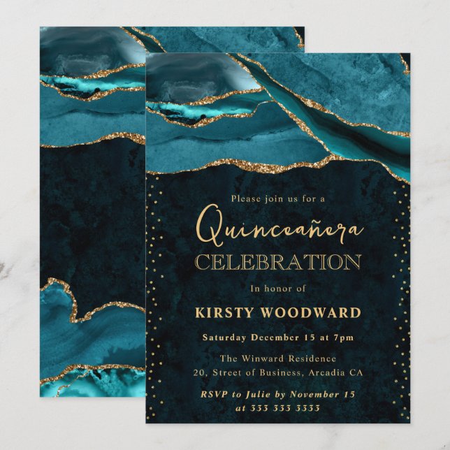Convite Teal e Dourado Brilho Agata Quinceanera (Frente/Verso)