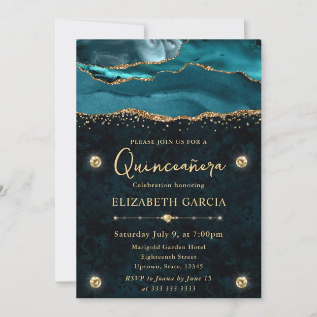 Convite Teal e Dourado Brilho Ágata Quinceanera (Frente)