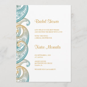 Convite Teal e Dourado Chá de panela Paisley indiano