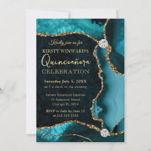 Convite Teal e Dourado Falso Brilho Ágata Quinceanera