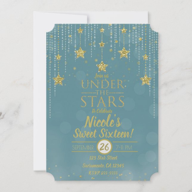 Convite Teal E Dourado Sob As Estrelas Starry Sweet 16 (Frente)