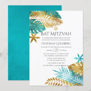 Convite Teal e Dourado Tropical Bat Mitzvah na Praia
