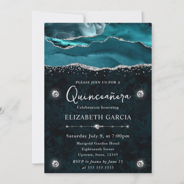 Convite Teal e Glitter Prateado Quinceanera (Frente)