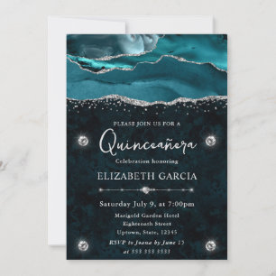 Convite Teal e Glitter Prateado Quinceanera