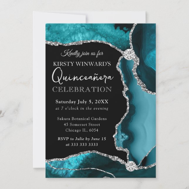 Convite Teal e Prata Falso Brilho Ágata Quinceanera (Frente)