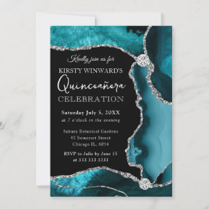 Convite Teal e Prata Falso Brilho Ágata Quinceanera