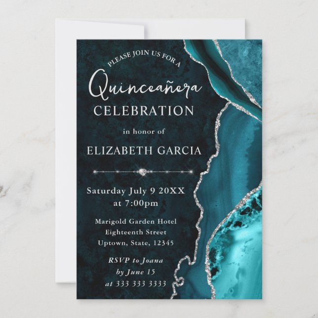 Convite Teal  e Prata Glitter Agate Quinceanera (Frente)