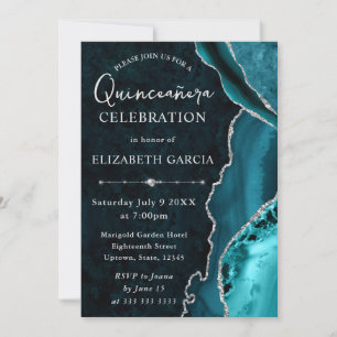 Convite Teal e Prata Glitter Agate Quinceanera