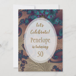 Convite Teal e Rosa Dourada Feathery Fractal 50º aniversár