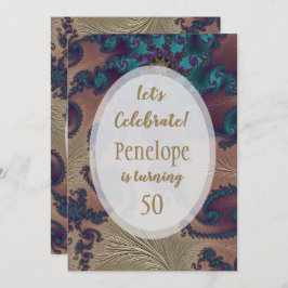 Convite Teal e Rosa Dourada Feathery Fractal 50º aniversár